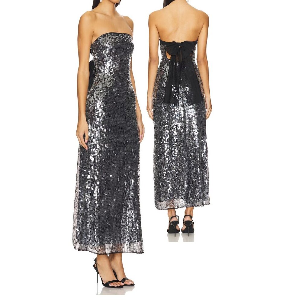 For Love & Lemons Silver Sequin Strapless Midi Dress